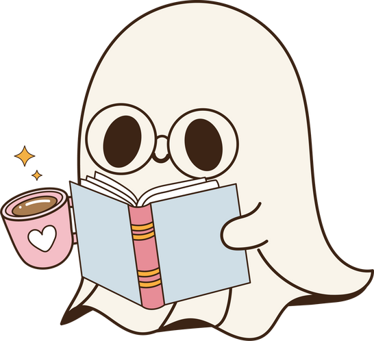 Cute halloween ghost reading and drinks coffee